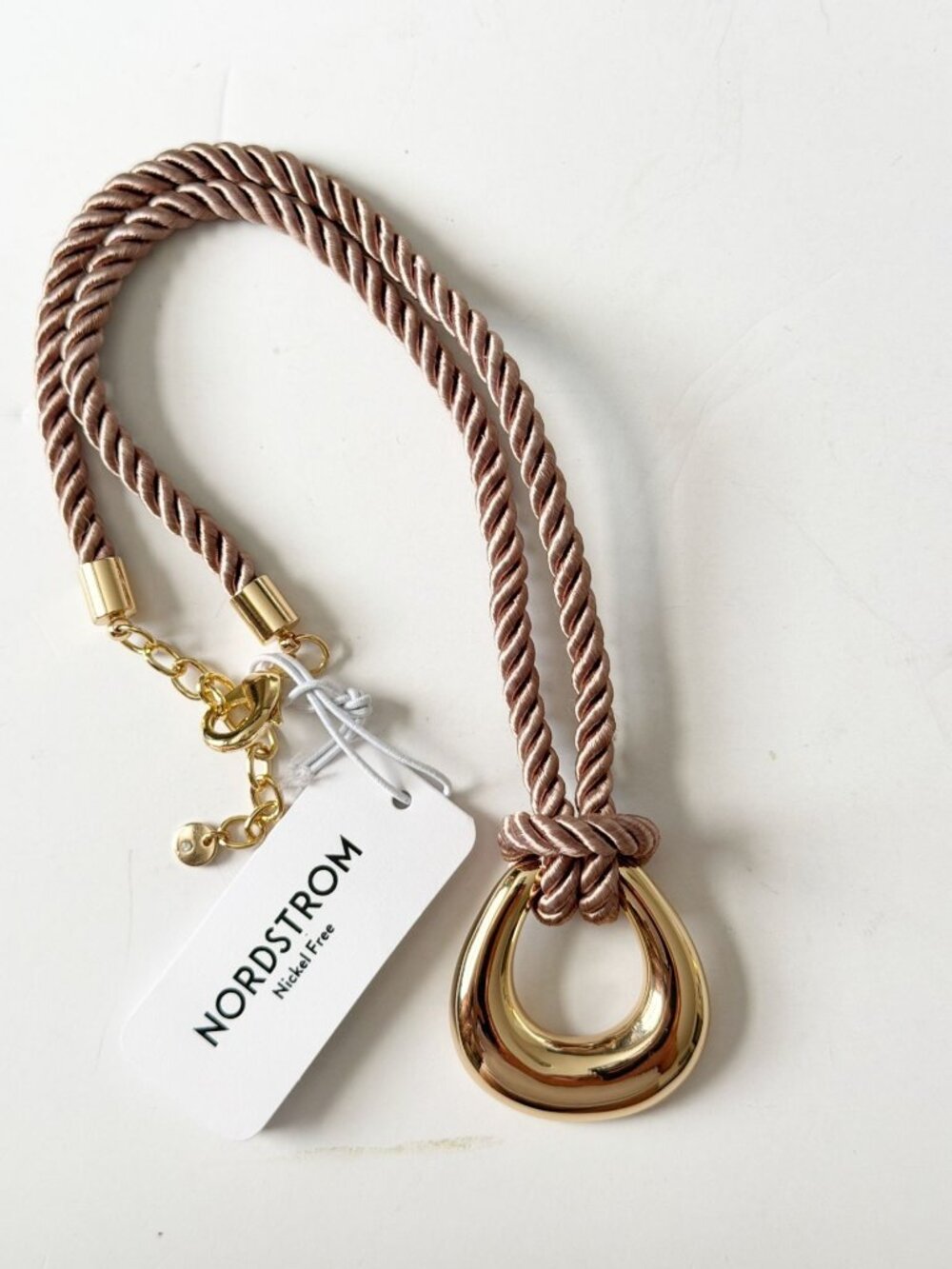 NWT Nordstrom Open Gold Tone Round Pendant Gold Neutral Beige Cord Necklace - Picture 2 of 6